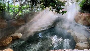 A hot spring area with a stone pool surrounded by rocks and vegetation.