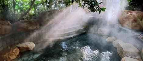 A hot spring area with a stone pool surrounded by rocks and vegetation.