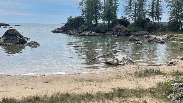 A beach with clear water, rocks, and sparse vegetation. - Comfy Farmstay. Les Cheneaux Islands, Near to Mackinac Is., fresh eggs. Trails. (Hessel)