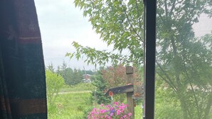 A window with a view of a garden, a candle on a placemat, and a curtain partially drawn. - Comfy Farmstay. Les Cheneaux Islands, Near to Mackinac Is., fresh eggs. Trails. (Hessel)