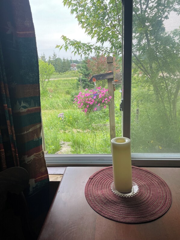 A window with a view of a garden, a candle on a placemat, and a curtain partially drawn.