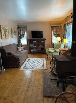 Smart TV, fireplace, books