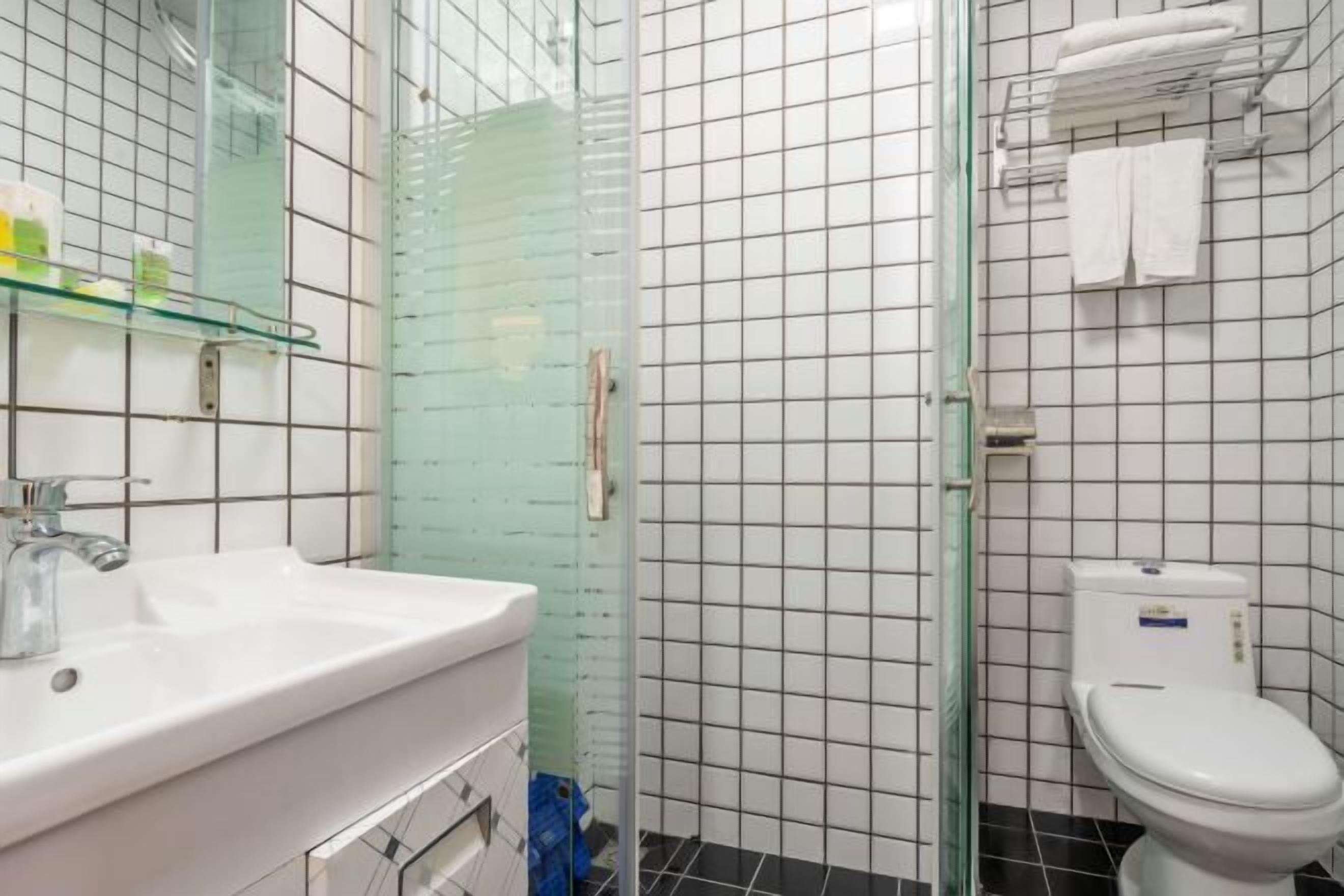 A bathroom with a glass shower enclosure, a white sink, and a toilet.