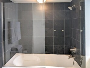 Hair dryer, towels, soap, shampoo