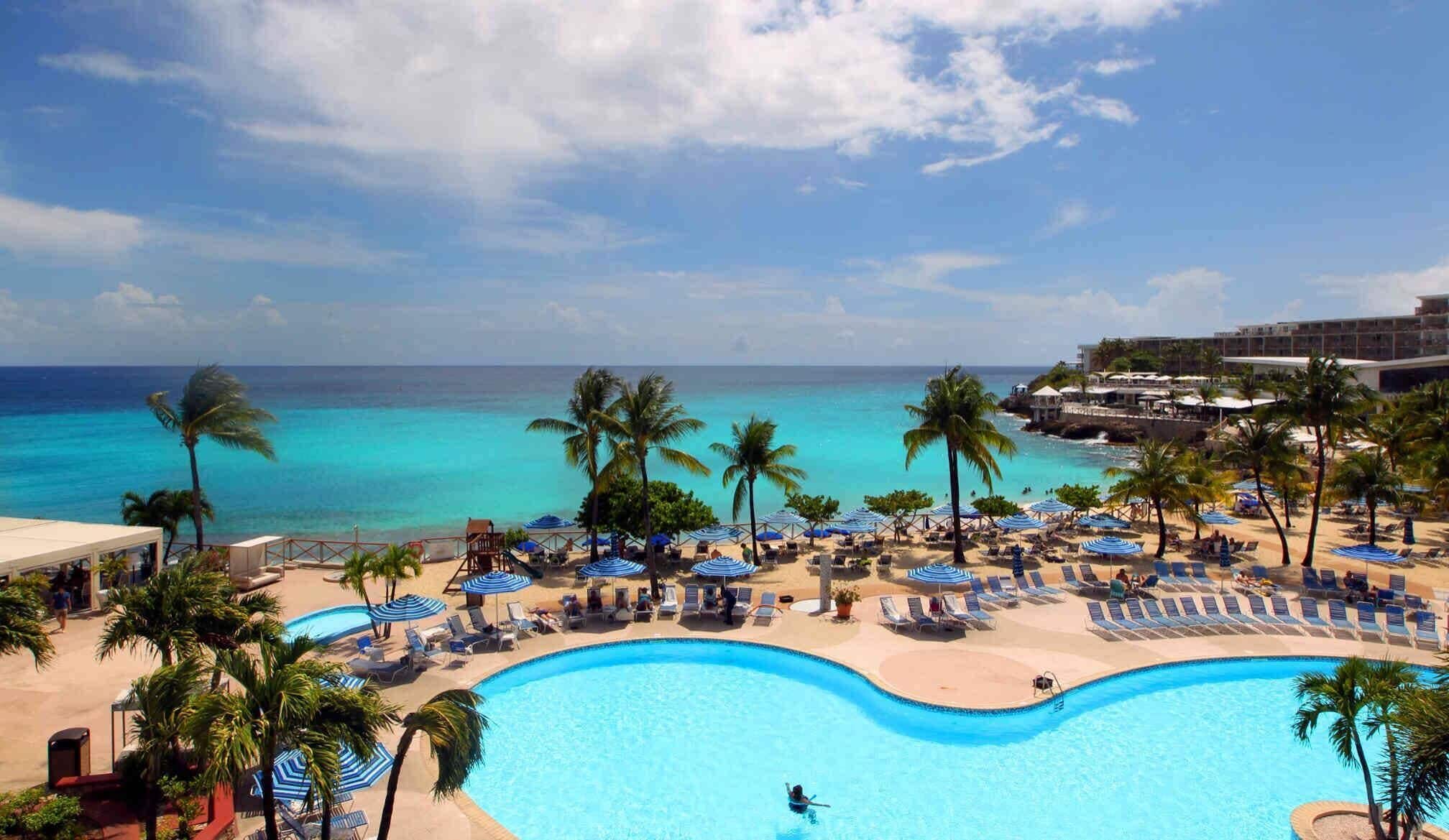 Outdoor pool, pool umbrellas, pool loungers