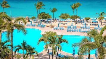 Utomhuspool, parasoller och solstolar