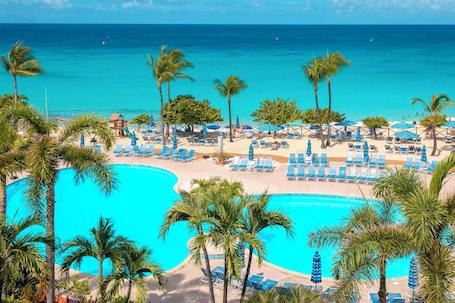 Outdoor pool, pool umbrellas, sun loungers