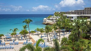 Un hotel frente a la playa con piscina, palmeras y vistas al océano.