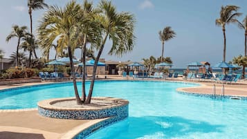 Een buitenzwembad, parasols voor strand/zwembad