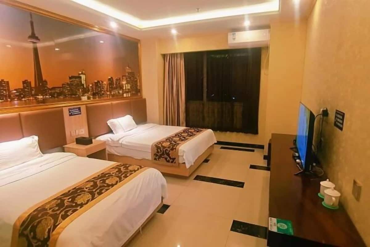 Habitación de hotel con dos camas, un espejo grande, vistas a la ciudad, un televisor y un escritorio con ordenador.