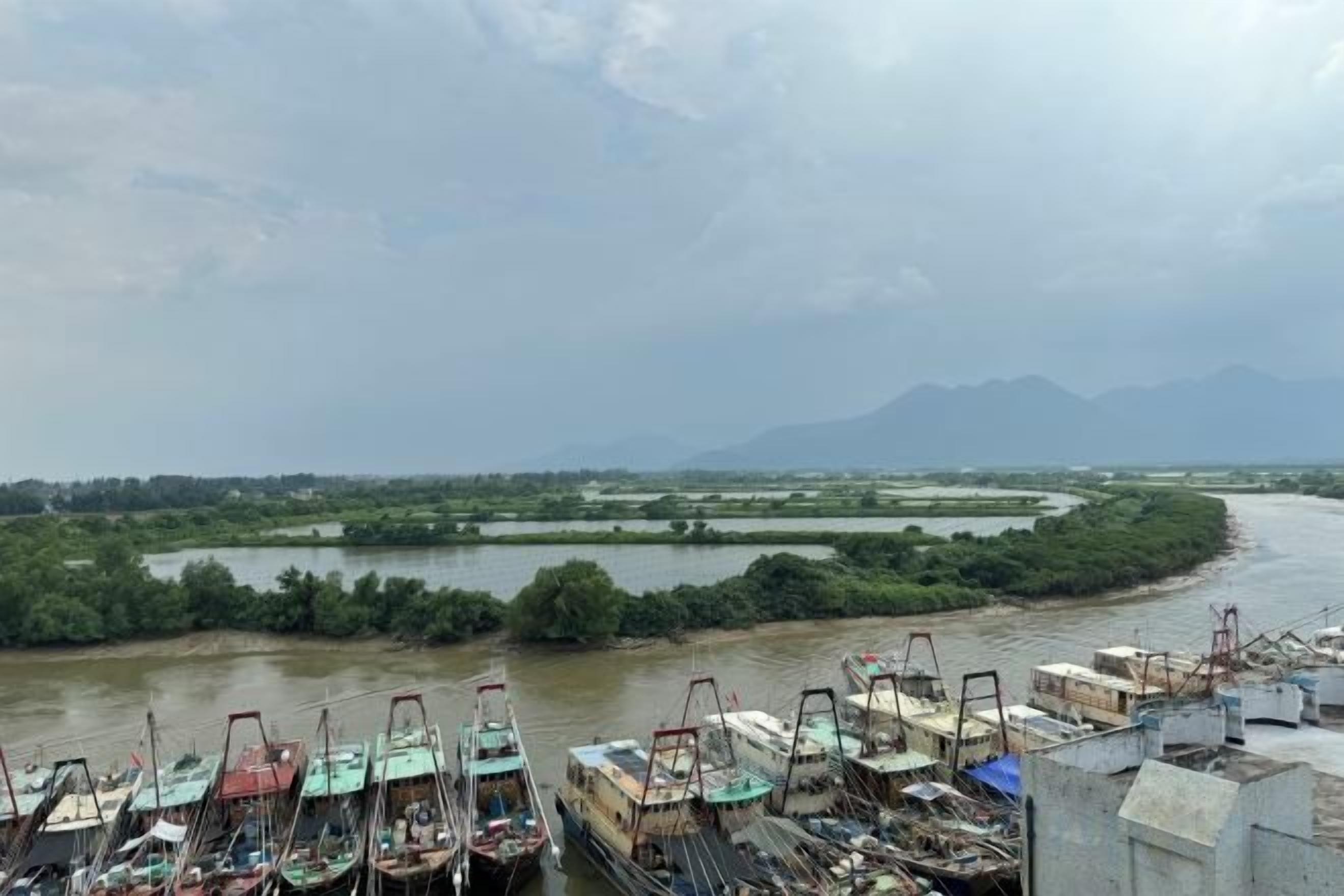 A river with boats docked on a pier, surrounded by greenery and mountains in the distance.