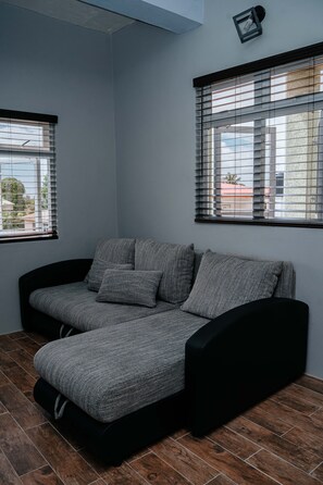 A modern living room with a grey sofa, black accent cushions, and a wooden floor.