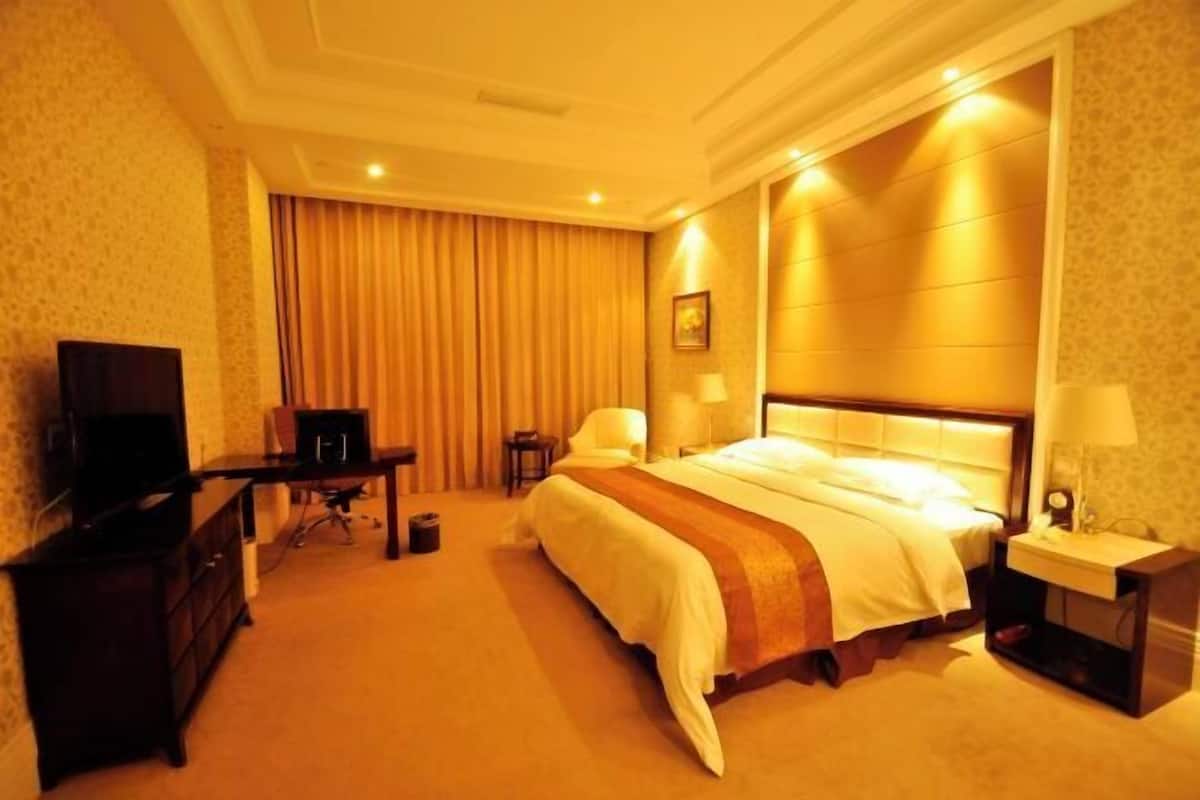 Una habitación de hotel con cama, televisor, escritorio y lámpara.
