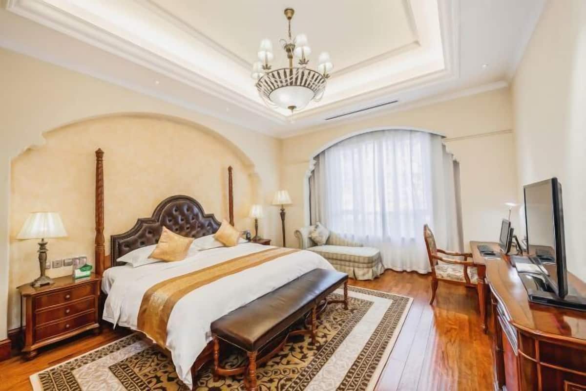 Una habitación de hotel con una cama grande, un banco, un escritorio con una computadora y un televisor.