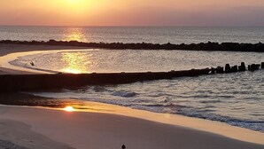 Una playa al atardecer con olas, una orilla arenosa y algunas aves.