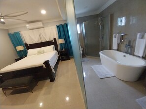 Jetted bath, bidet, towels, soap