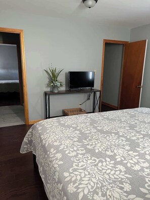 Um quarto com uma cama, uma televisão em um suporte, um vaso de plantas e uma porta.
