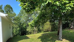 A residential property with a white house, a grassy yard, and a large tree providing shade.
