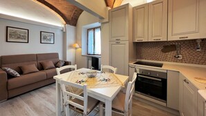 A cozy living room with a sofa, dining table, and kitchen area with cabinets and appliances.