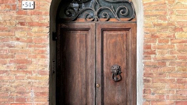 A double wooden door with a lion head knocker, set in a brick wall with a number '54' sign above.