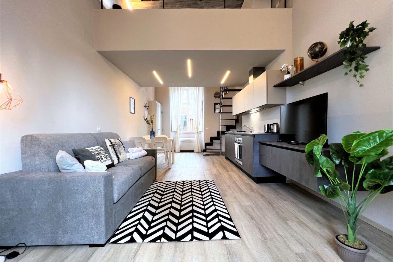 Una sala de estar moderna con un sofá gris, un tapete blanco y negro y un televisor.