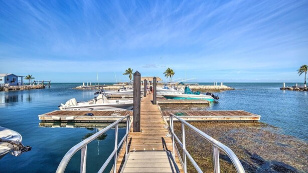 A wooden pier leading to a marina with boats docked, palm trees, and a clear blue sky.