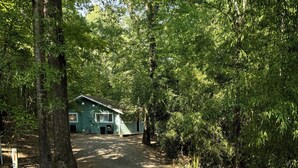 Un camí de grava que condueix a una cabana rústica envoltada de bosc dens.