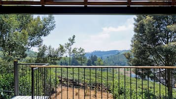 A view from a balcony with a metal railing, overlooking a lush landscape with trees and a distant hill.