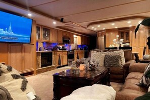 Smart TV, fireplace, DVD player, video library