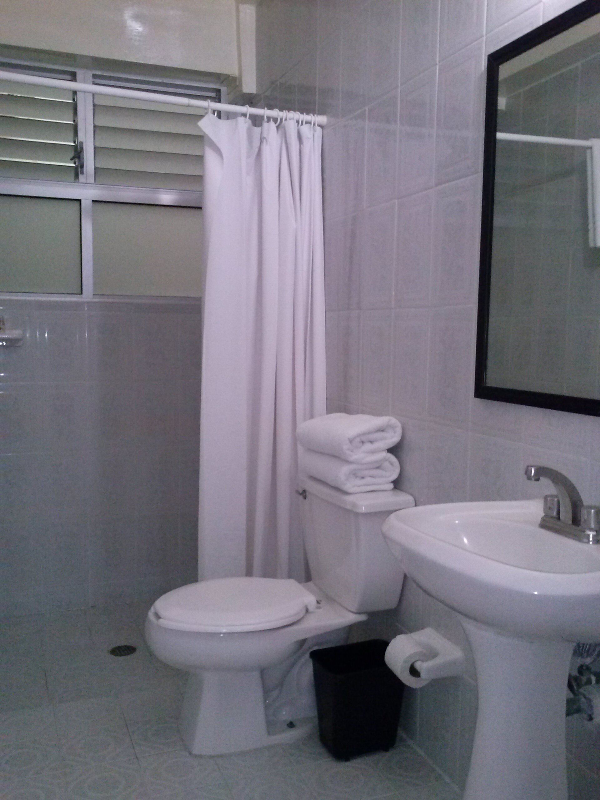 A bathroom with a toilet, sink, and a shower curtain.