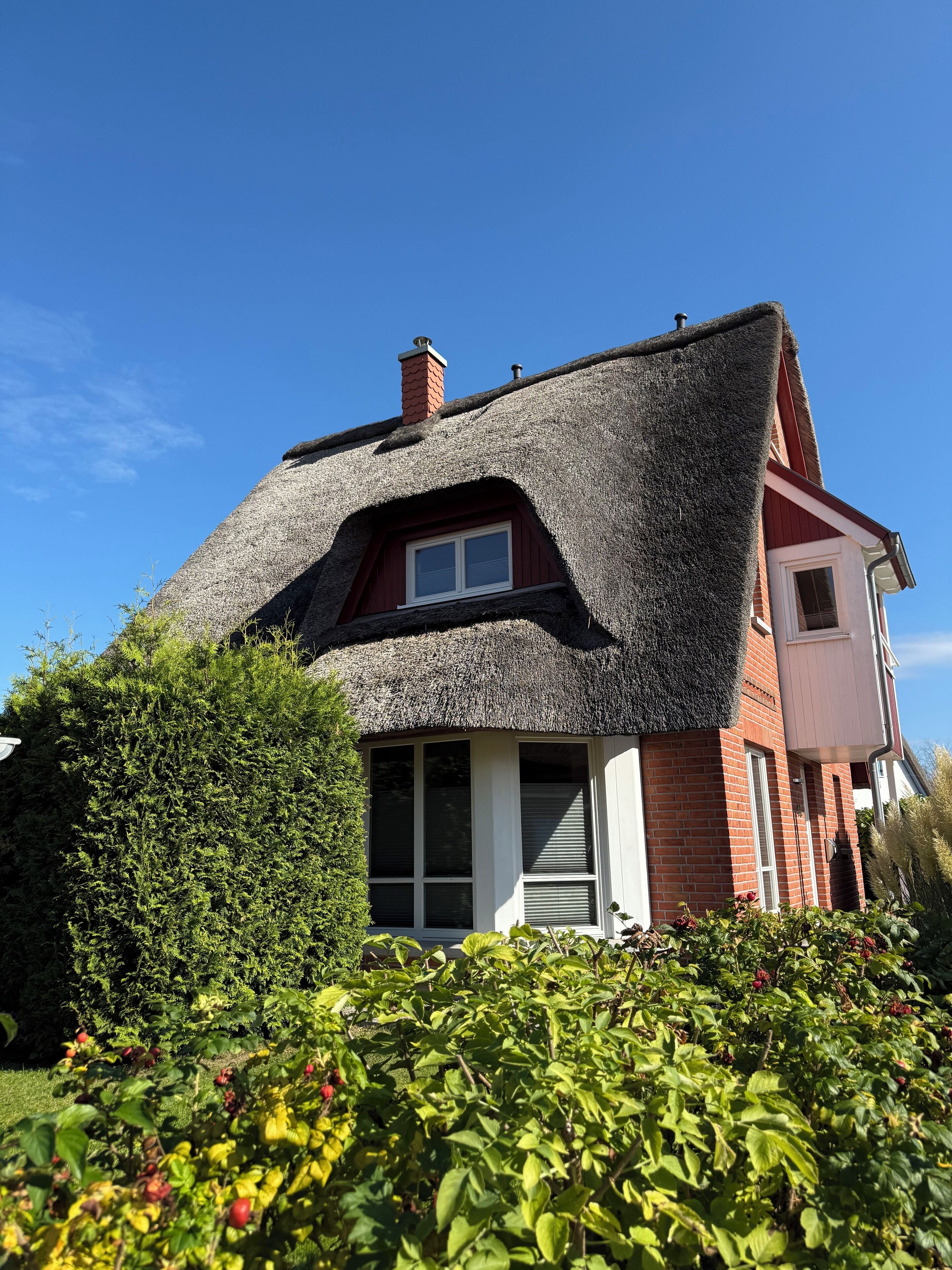 A house with a thatched roof, a brick facade, and a window with shutters.