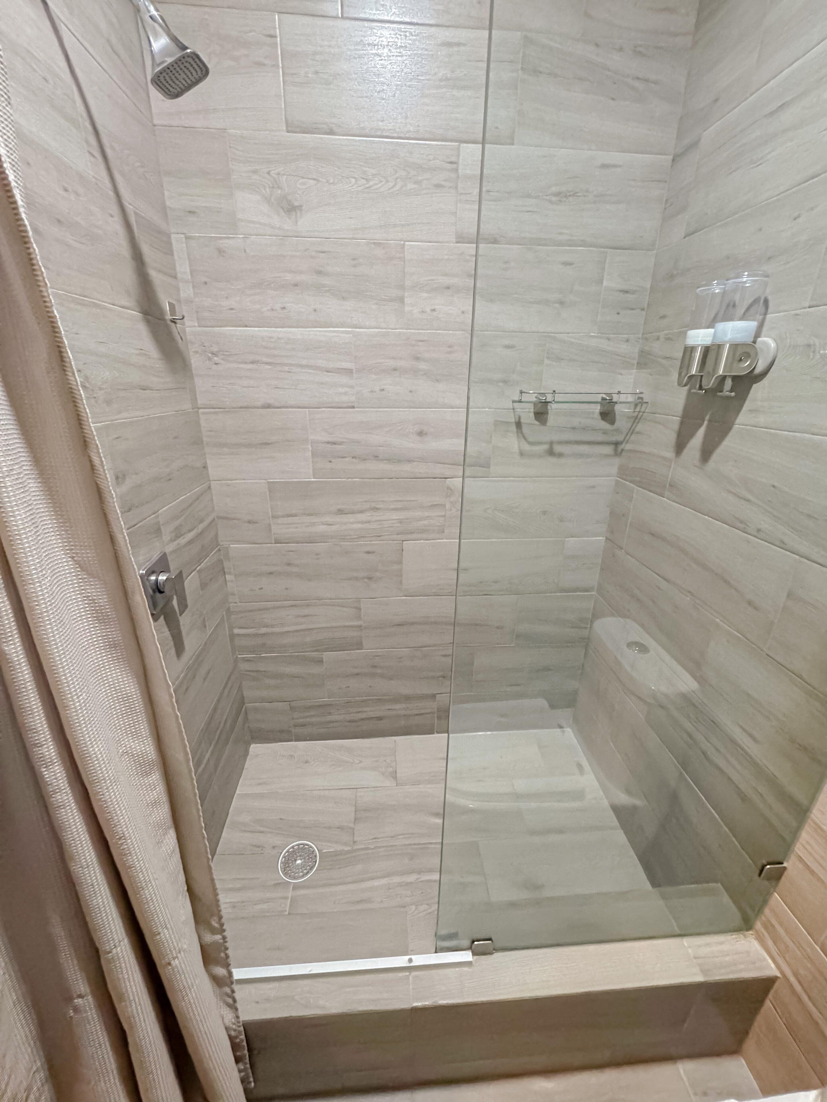 Une douche avec une porte en verre, un pommeau de douche et un porte-serviettes.