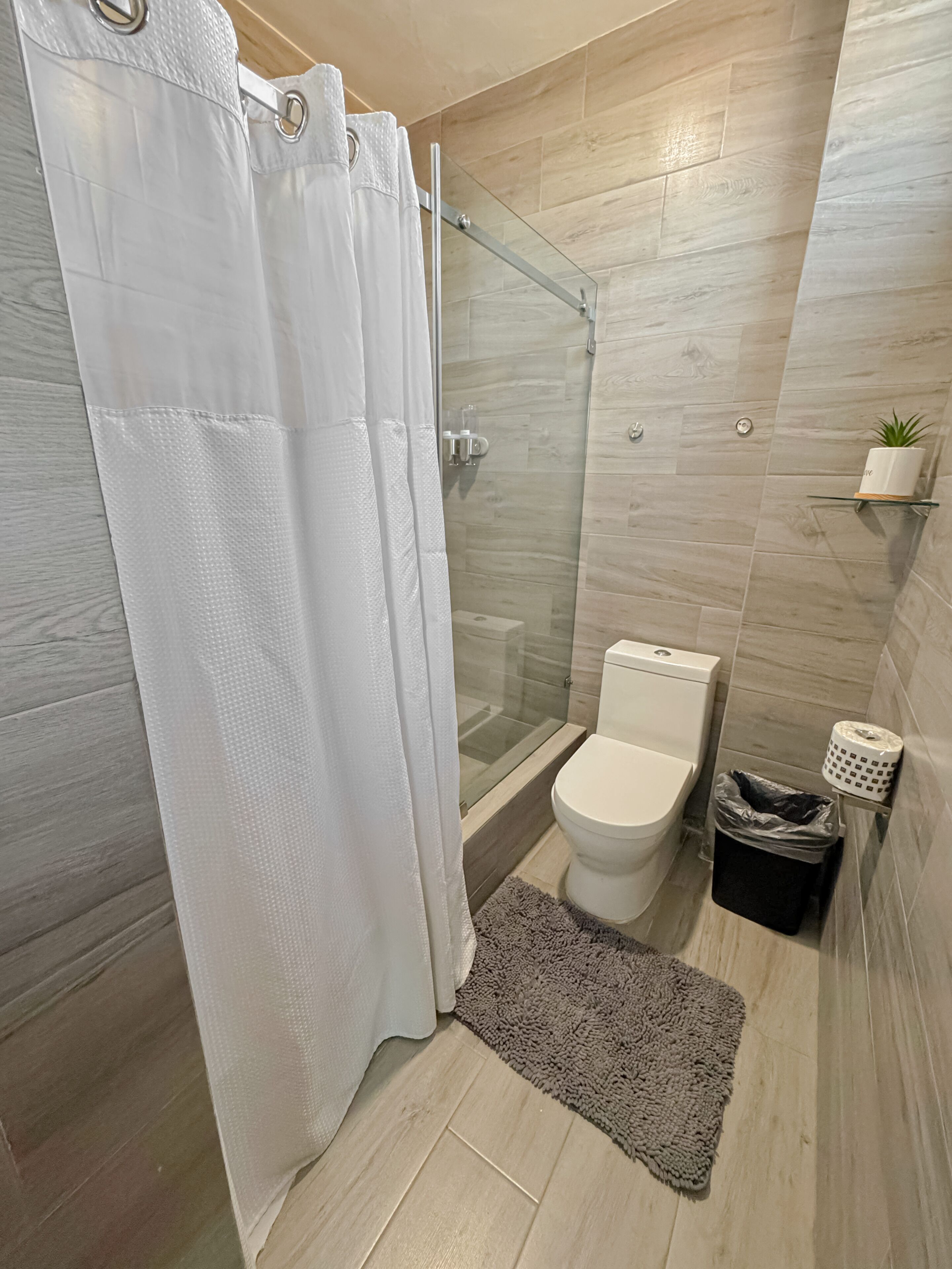 Ein modernes Badezimmer mit Duschkabine aus Glas, Toilette, kleinem Mülleimer und Ablagefläche mit Topfpflanze.