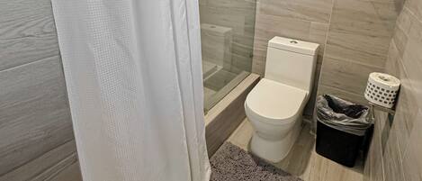 Ein modernes Badezimmer mit Duschkabine aus Glas, Toilette, kleinem Mülleimer und Ablagefläche mit Topfpflanze.