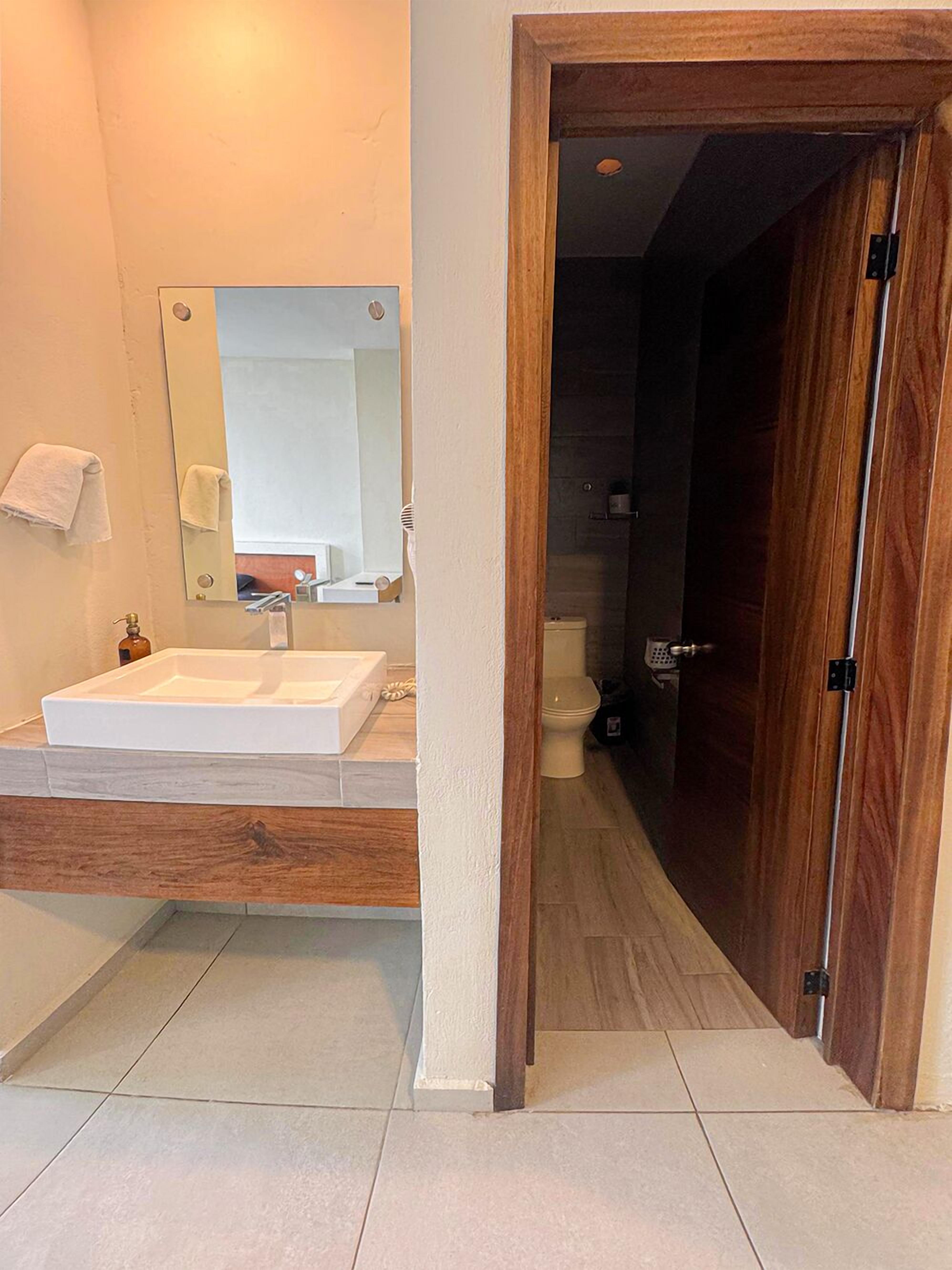 A modern bathroom with a large mirror, a white sink, and a wooden door leading to a shower area.