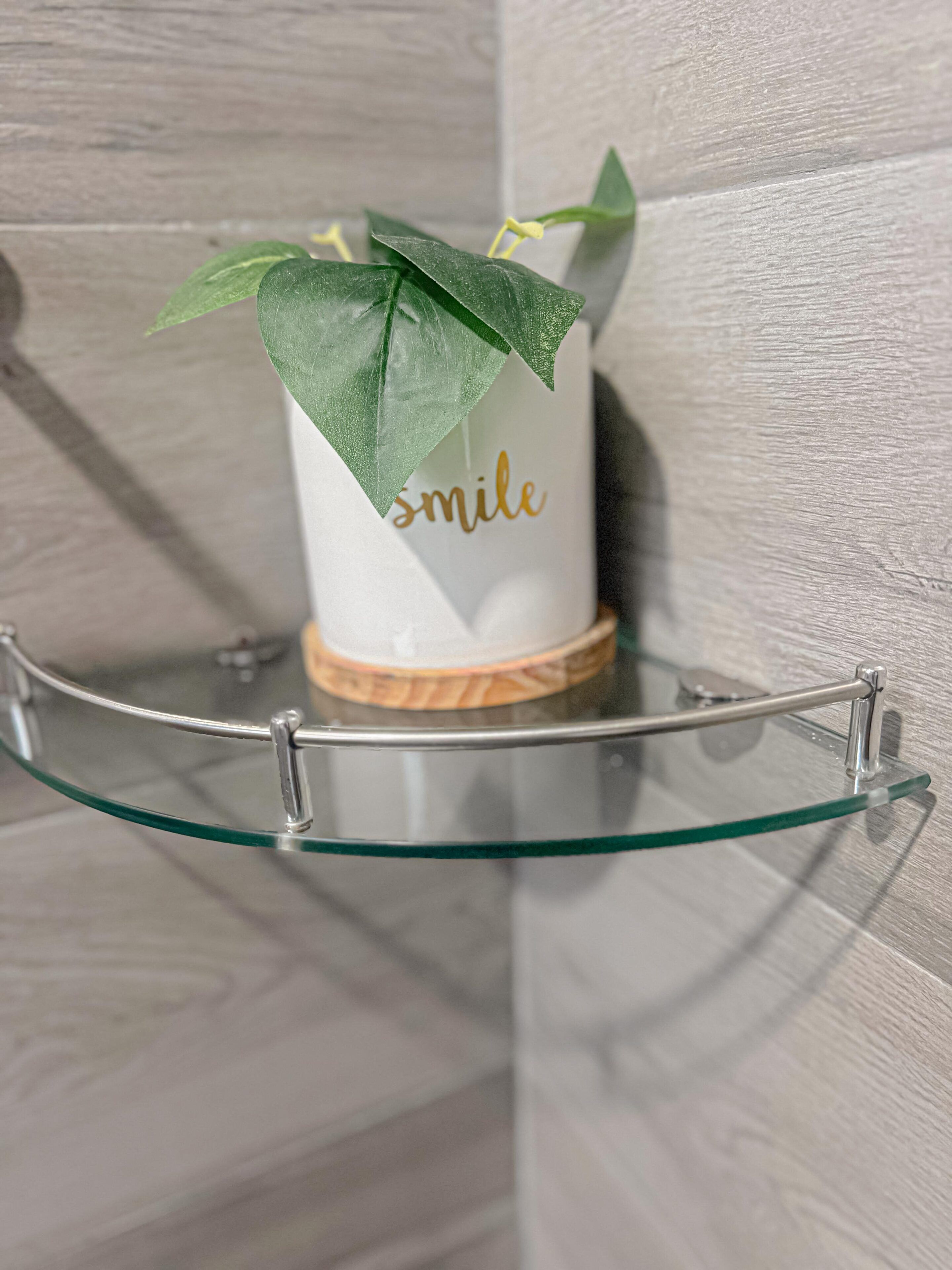 Un baño con repisa de vidrio que sostiene un recipiente blanco con la palabra 'smile' y una planta encima.