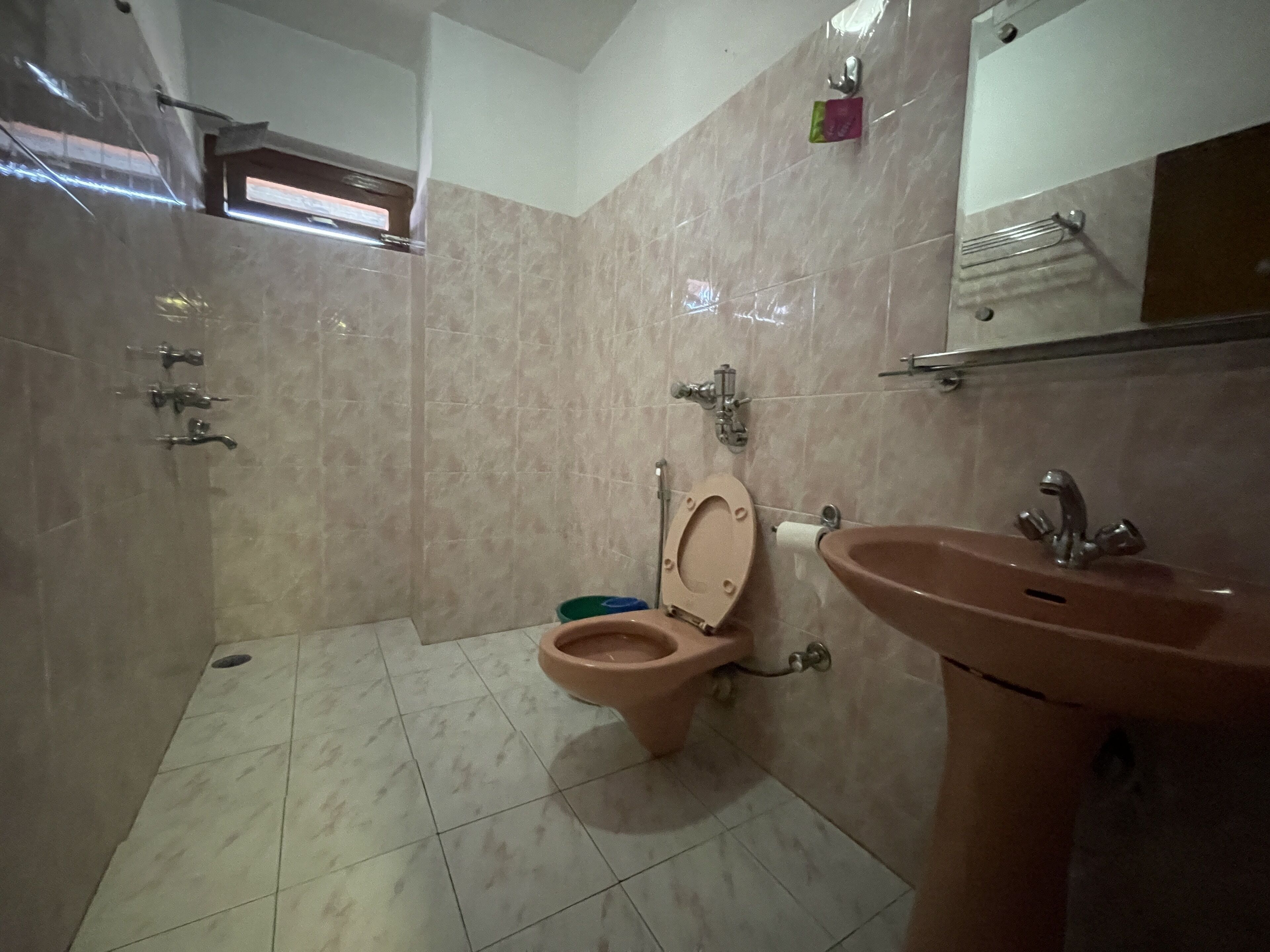 Un bagno con il water, un lavandino e una doccia.