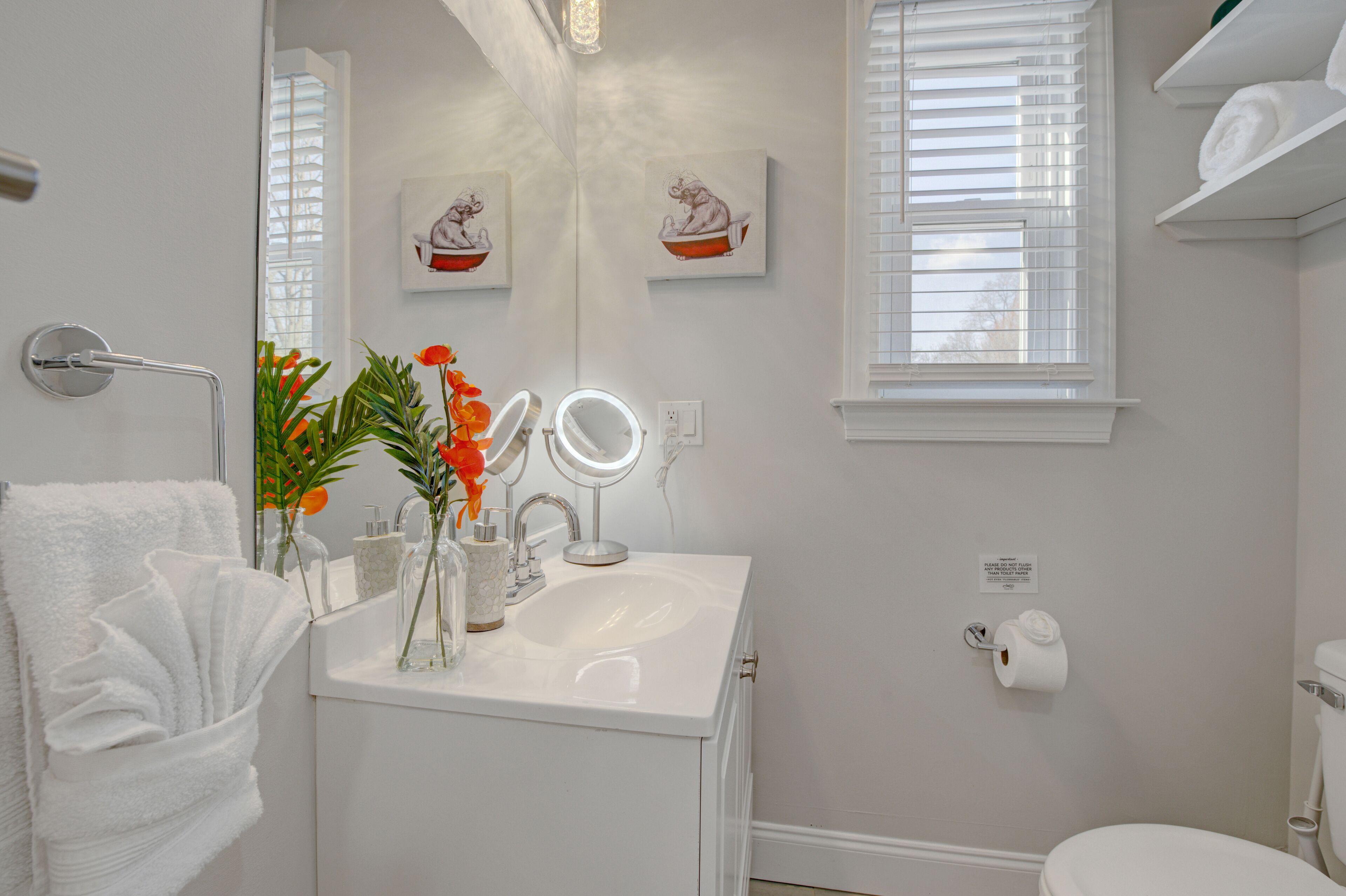 A bathroom with a white sink, mirror, and towel rack. There are two framed pictures on the wall and a toilet paper holder.
