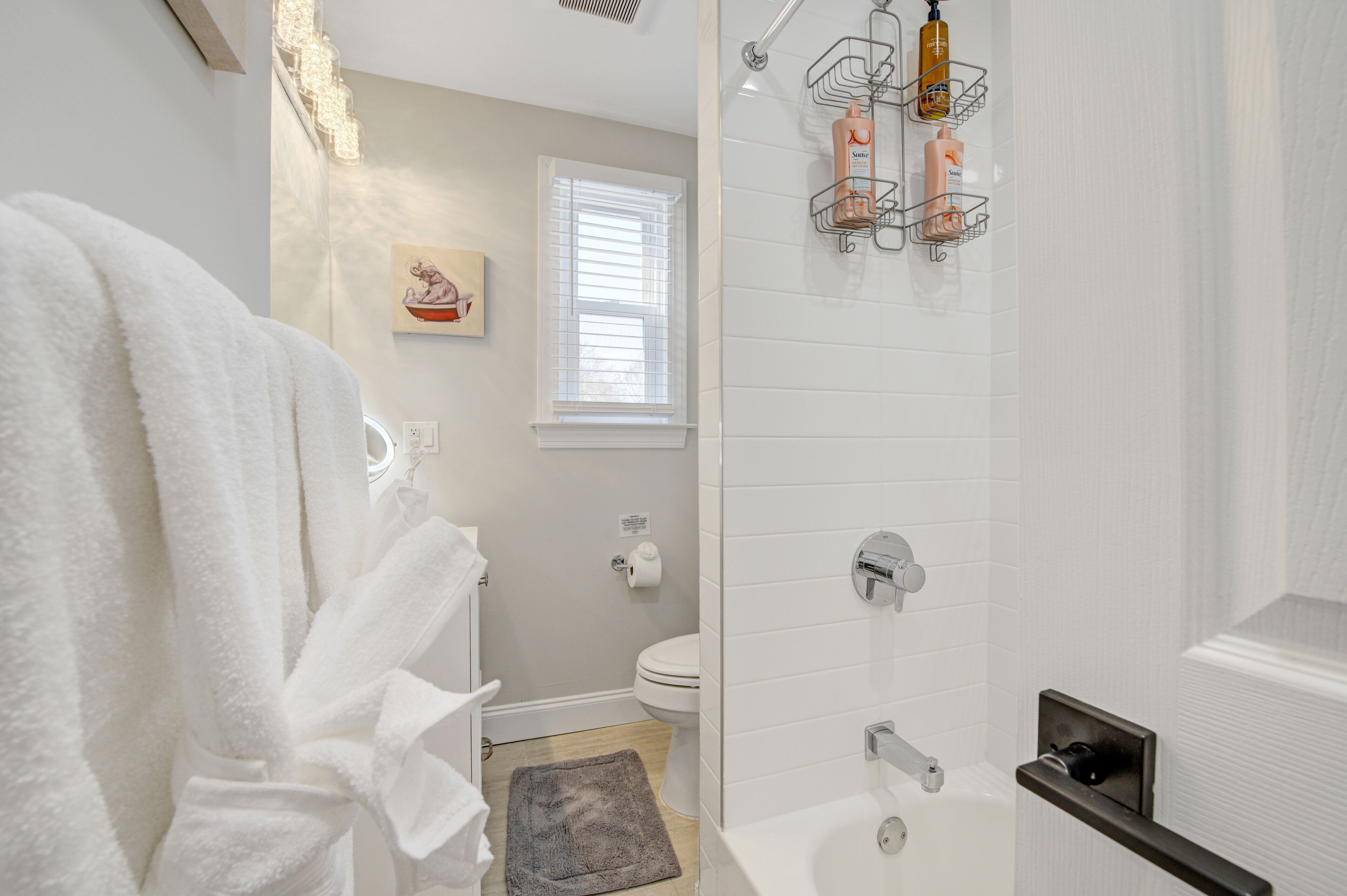 Secador de pelo, toallas, jabón y champú