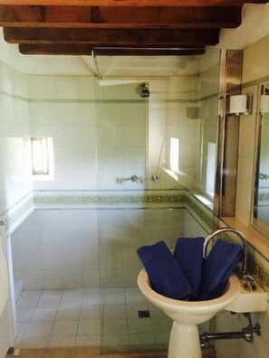 Ein Badezimmer mit einer gläsernen Duschkabine, einem Waschbecken mit blauem Handtuch und einem Spiegel.