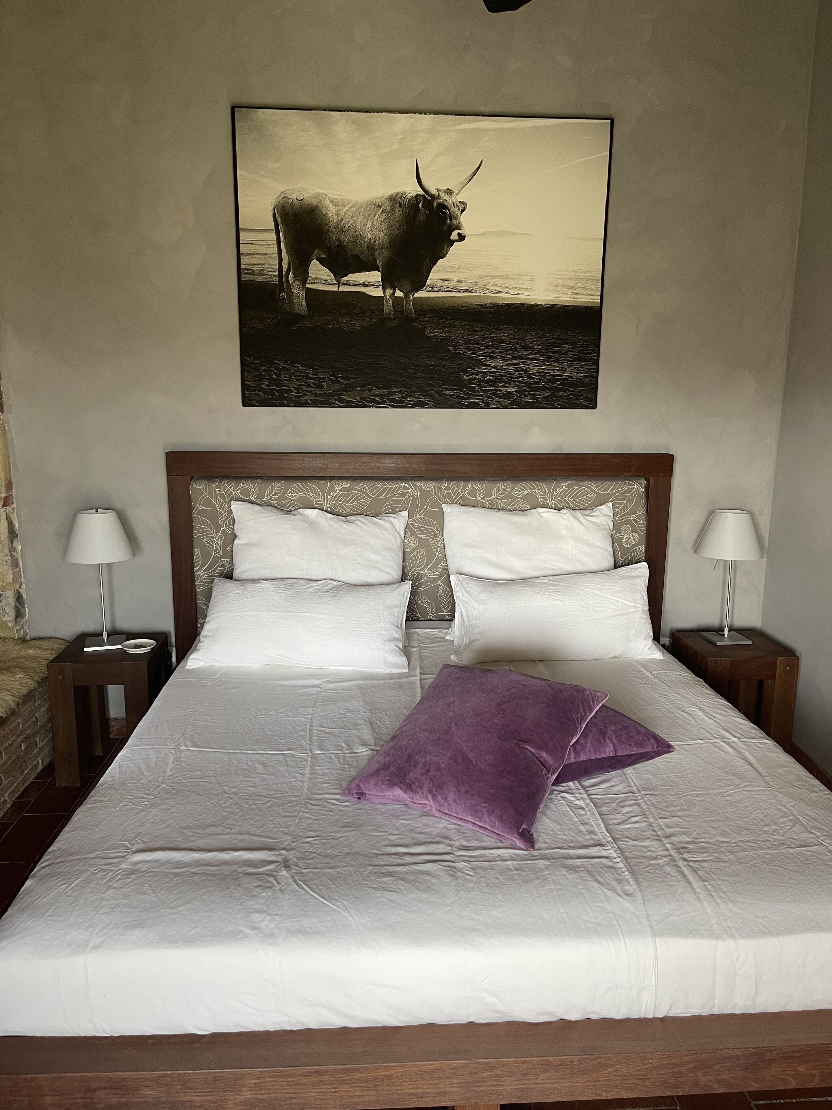 Een net opgemaakt bed met witte en paarse kussens, een lijst met een afbeelding van een stier aan de muur, en twee bedlampen op houten nachtkastjes.