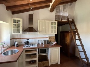 Fridge, microwave, stovetop, coffee/tea maker
