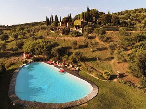 A large, curved swimming pool surrounded by a wooden deck with lounge chairs and umbrellas. - Charming Cottage overlooking the pool and the beautiful Tuscan landscape  (Toscana)