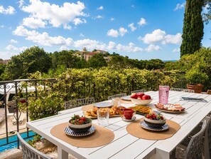 A dining table set outdoors with a view of a vineyard and buildings in the background.