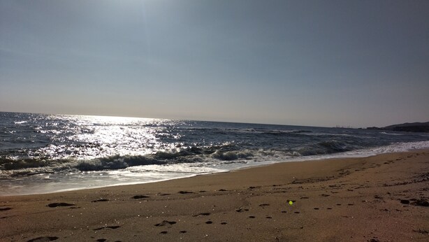 A beach with footprints leading to the water, a clear sky, and the sun reflecting on the sea. - Villa nature beach (Solaro)