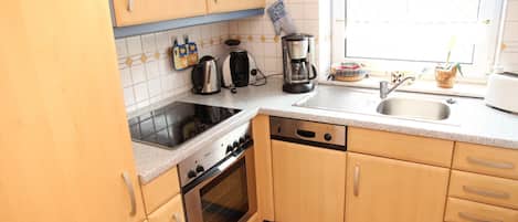 Frigorífico, microondas, horno y placa de cocina