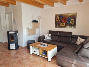 Televisión, chimenea, reproductor de DVD y estéreo 