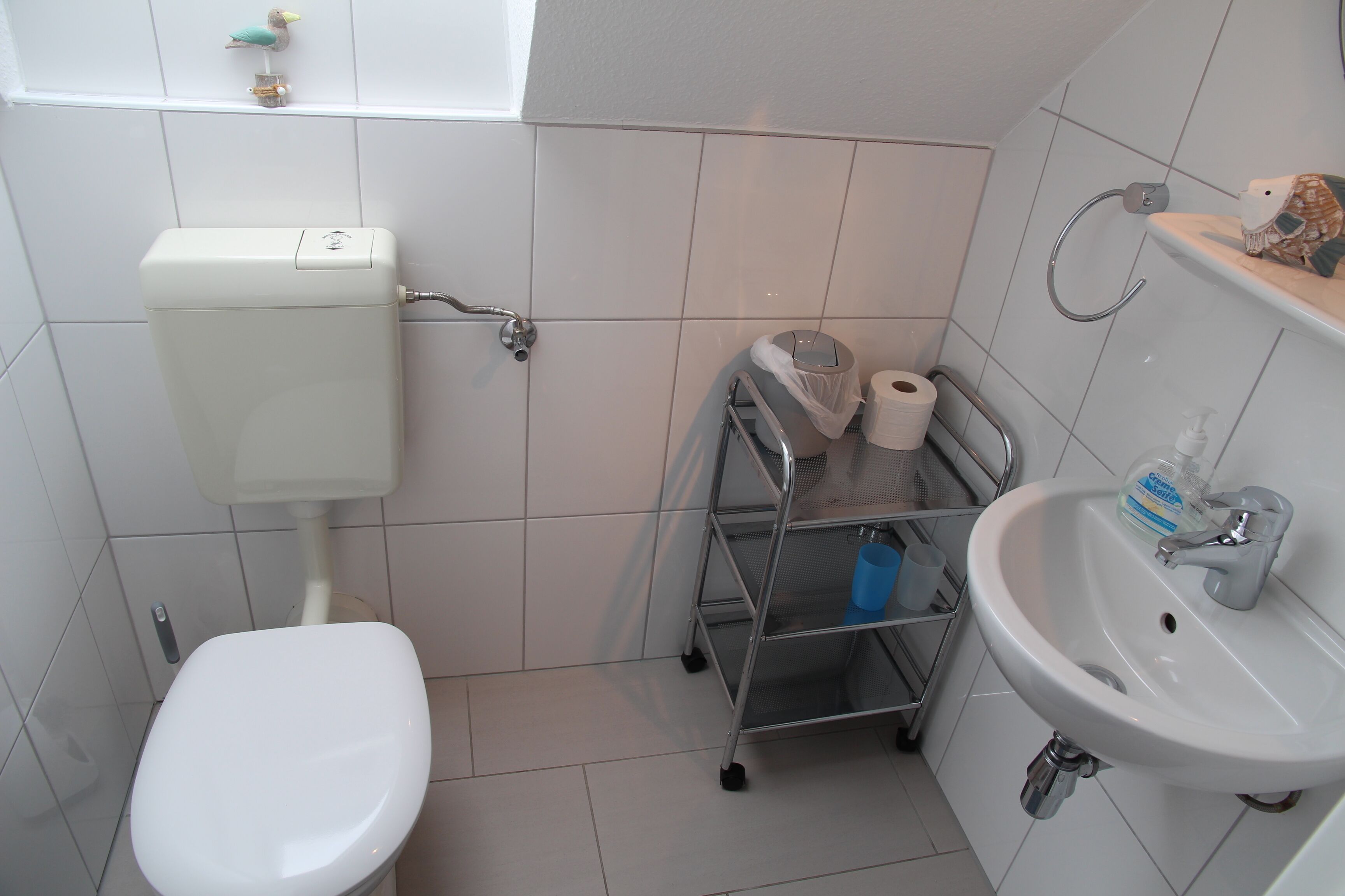A bathroom with a toilet, sink, and a metal shelf holding toiletries.