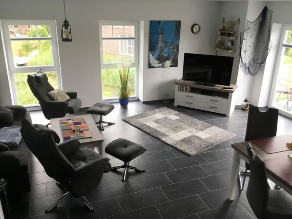 TV, DVD player, books, music library