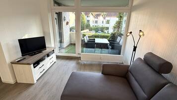 TV, DVD player, books, music library